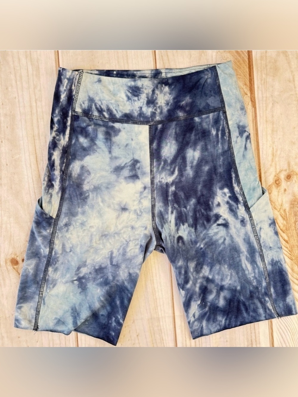 Hem & Thread Blue Tie Dye High Waist Biker Shorts w Thigh Pockets & Raw Hem NEW